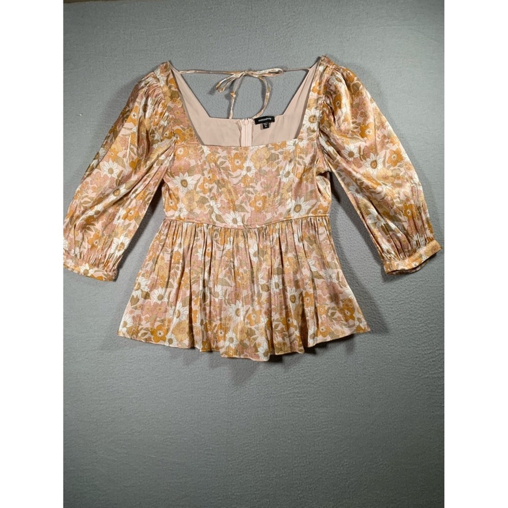 mittoshop Pink and Mustard Floral Square-Neck Puff Sleeve Blouse